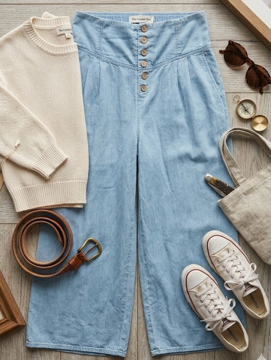 C Est. 1946 Pants - The Coastal Denim High-Waist Wide Leg Pants in Light Blue